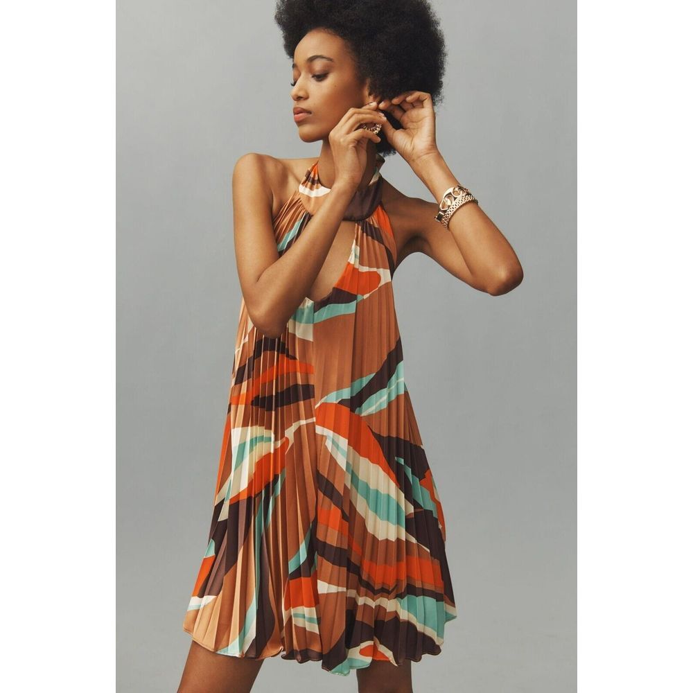 Hutch Womens Halter Pleated Swing Mini Dress Brown Motif Size Medium